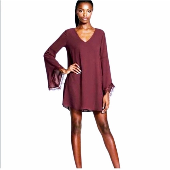 ASTR red burgundy Shift Dress Lace Long Sleeve - Picture 1 of 5